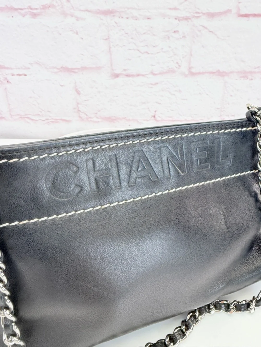 CHANEL LAX Black Leather Chain Shoulder Bag Pochette Embossed Logo